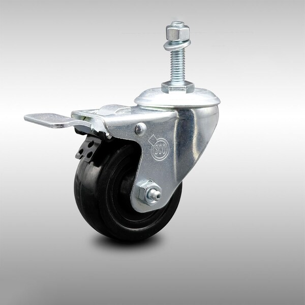 3.5 Inch SS Hard Rubber Swivel 3/8 Inch Threaded Stem Caster Total Lock Brake